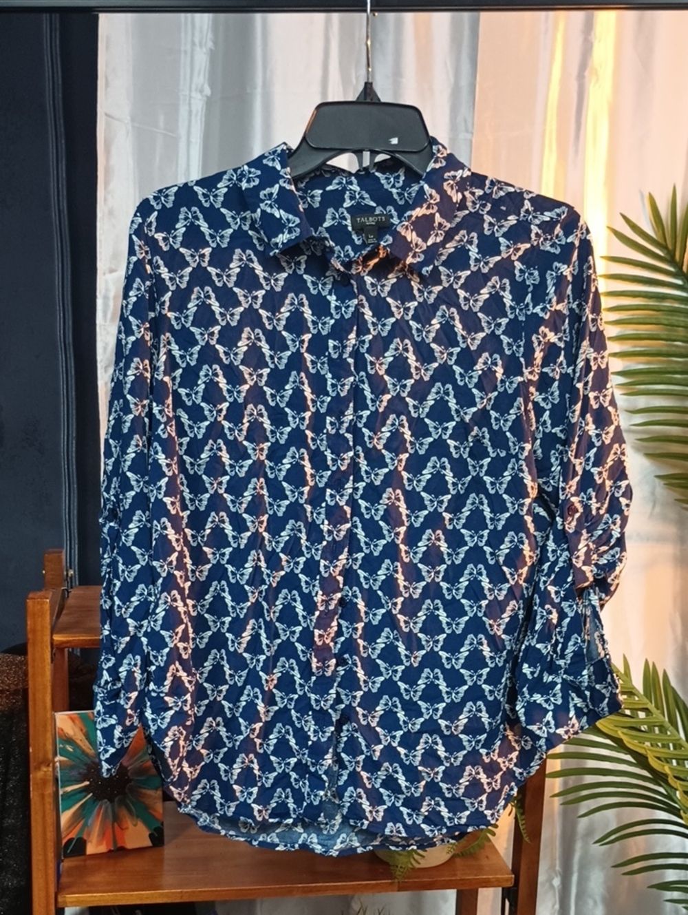 Talbots Navy and White Chain-Print Blouse